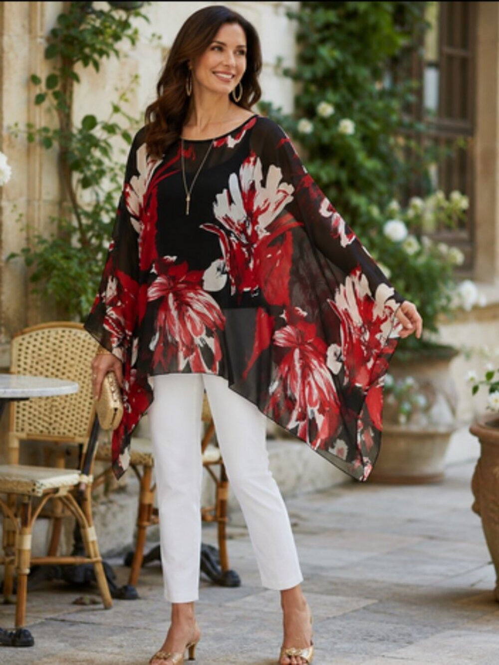 Wiiiwish Sheer Floral Chiffon Caftan Poncho Top | Resort Luxe Batwing Tunic